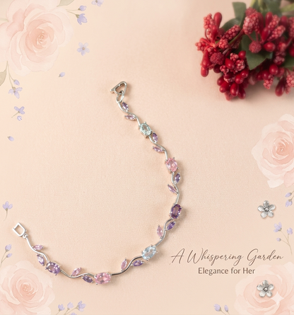 Trendy Tulip Pink & Purple Crystal Bracelet  Floral Design Silver Plated Bracelet
