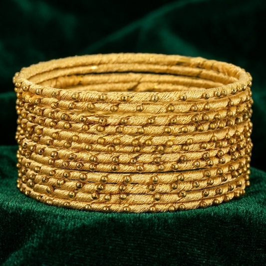 Cream Silk Thread Ball Stone Linked Glossy Bangle Set for Women & Girls | Pack of 12