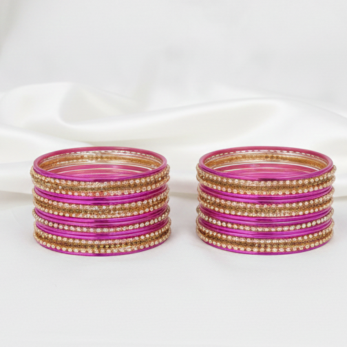 Magenta Zircon Studded Ball Chain Linked Bangle Set for Women & Girls