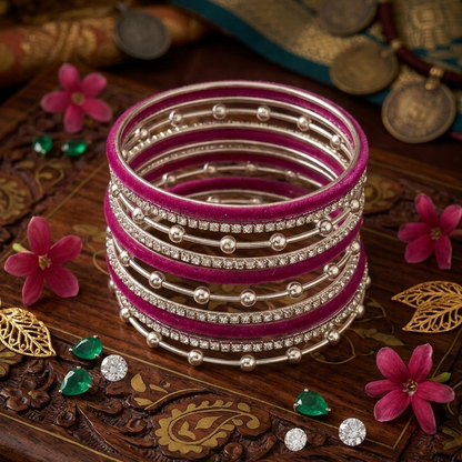 Premium Rani Velvet & Stone Studded Silver Bangles Set-16