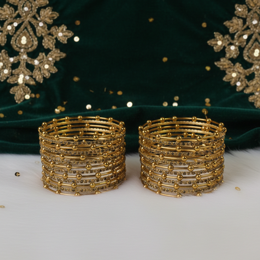 Gold Beaded Zircon Studded Stackable Metal Bangles Set-Pack of 26