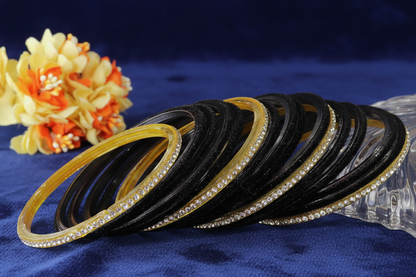Black Velvet & Glass Bangles Set with Stone Work – Pack of 32