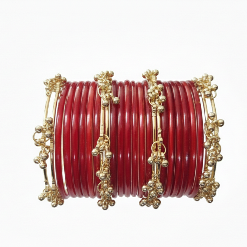 Bridal Red Glass Bangles with 8 Ghungroo Metal Charms – Set of 24