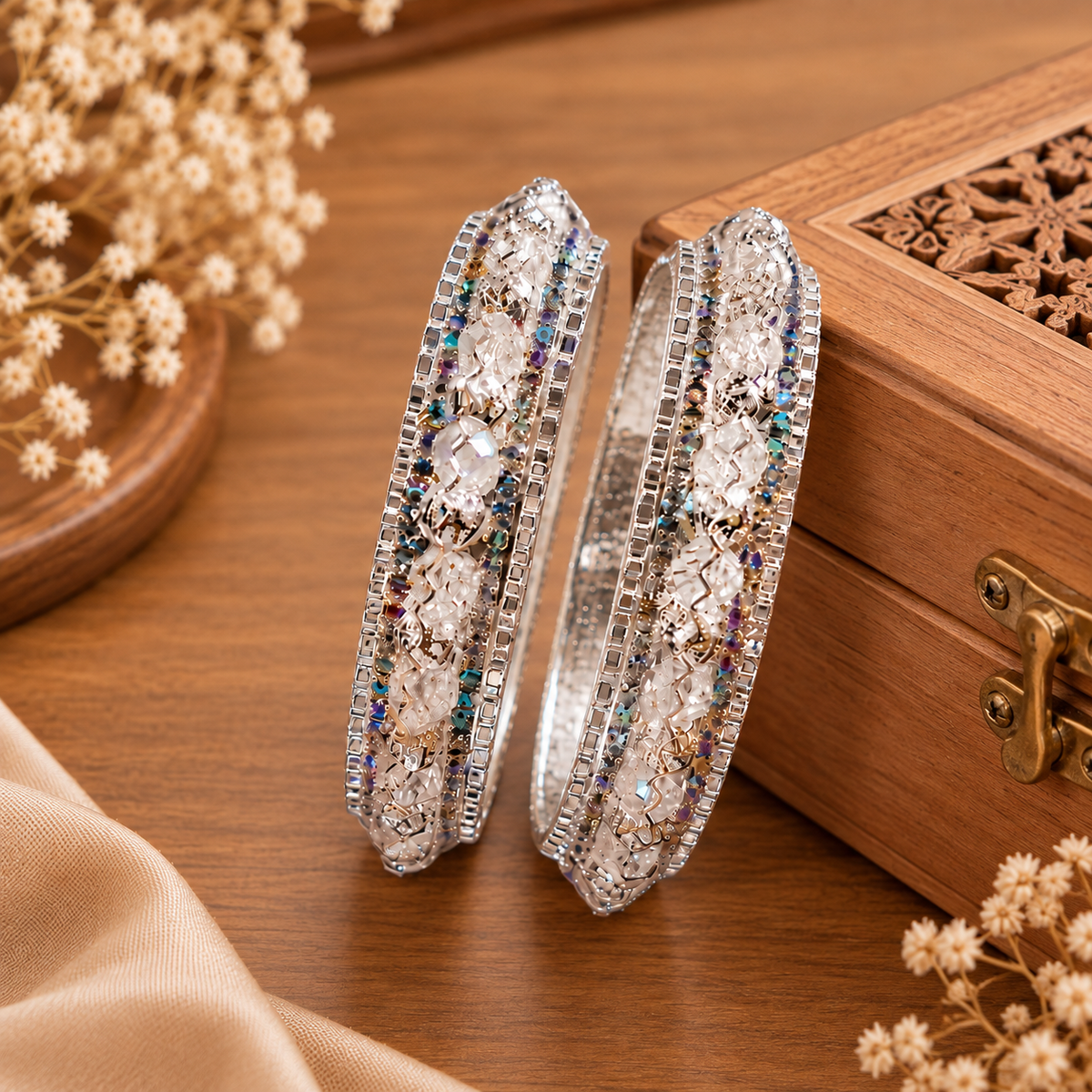 Silver Plated Designer Kada Bangles with Multicolor Stones-Set of 2