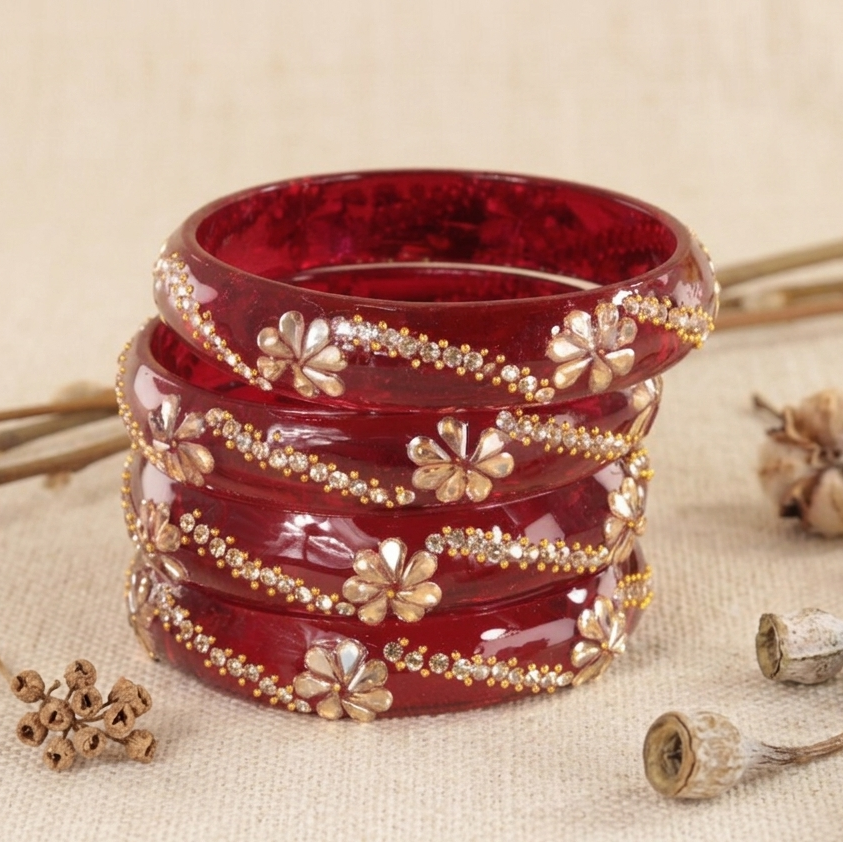 Red Floral Designer Glass Bangle Set of 2 – Stone & Bead Work
