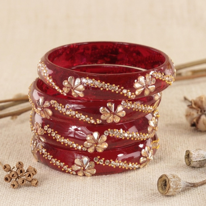 Red Floral Designer Glass Bangle Set of 2 – Stone & Bead Work