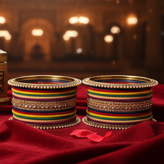 Multi Velvet Bridal Chuda Set – Metal Base with Zircon Diamond-Studded Bangles