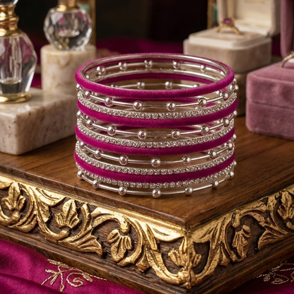Premium Rani Velvet & Stone Studded Silver Bangles Set-16