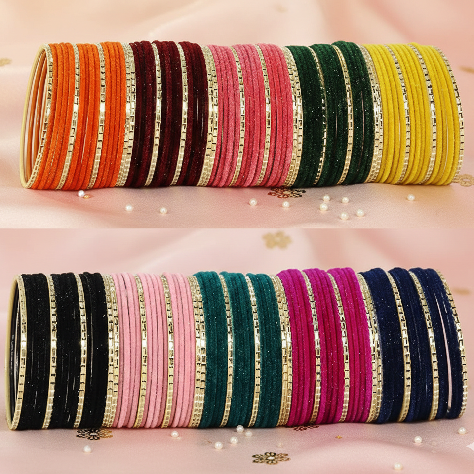 Trendy Color Multi Velvet Metal Bangle Set for – Pack of 160