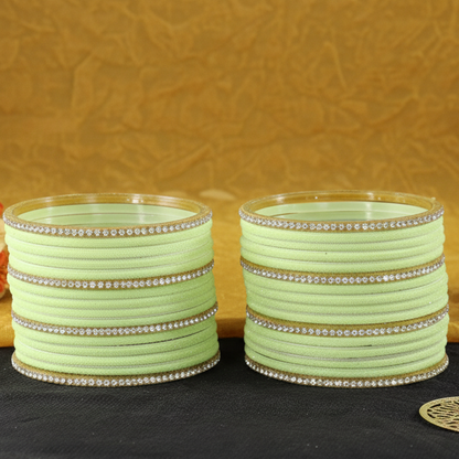Pista Green Velvet & Glass Bangles Set with Stone Work – Pack of 32