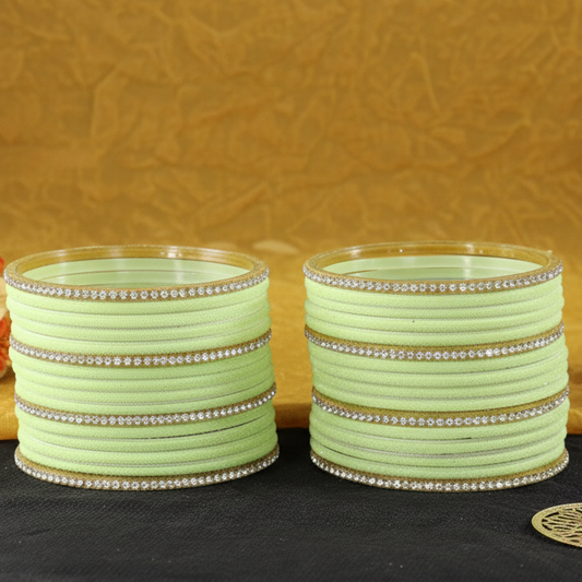 Pista Green Velvet & Glass Bangles Set with Stone Work – Pack of 32