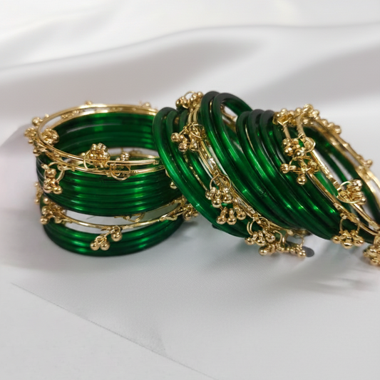 Royal Emerald Green Glass Bangles with Metal Ghungroo – Set of 24