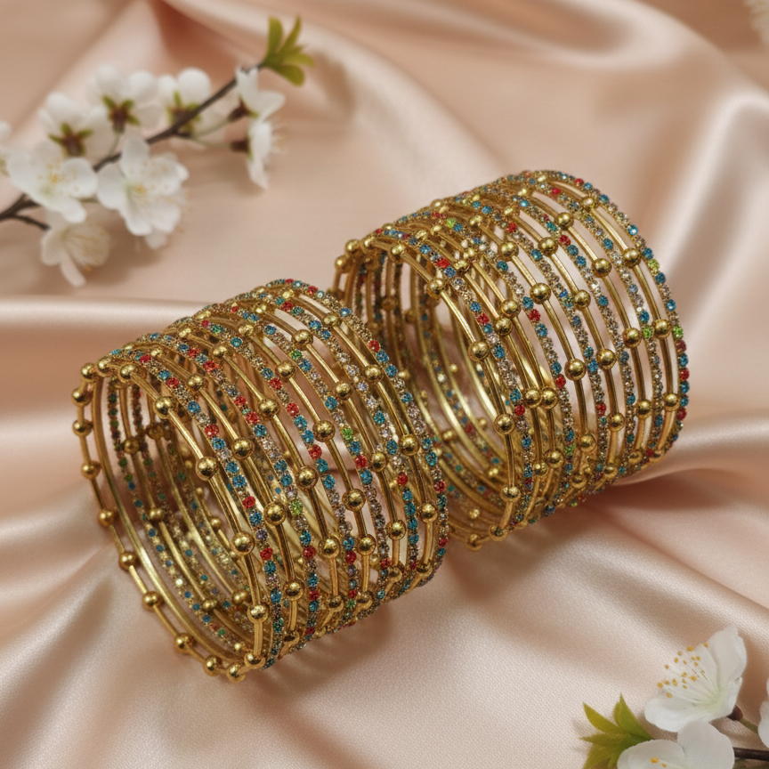 Gold Multi  Beaded Zircon Studded Stackable Metal Bangles Set-Pack of 26