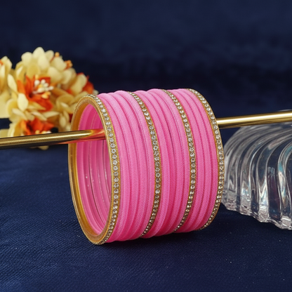 Pink Velvet & Glass Bangles Set with Stone Work – Pack of 32