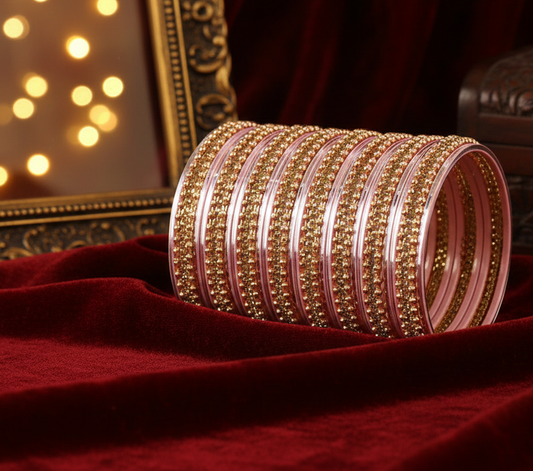 Pink Zircon Studded Ball Chain Linked Bangle Set for Women & Girls