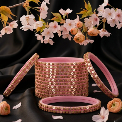 Pastel Pink Festive Glass Bangles with Stone Work, Pack of 12