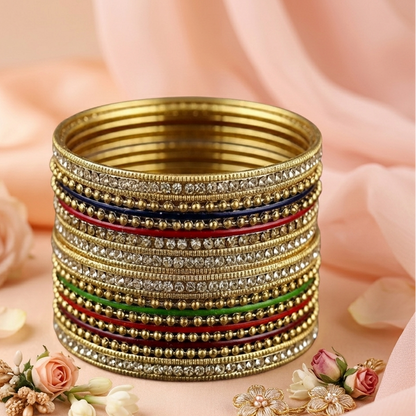 Golden Ball-Chain Bangles with Multi-Color Detailing