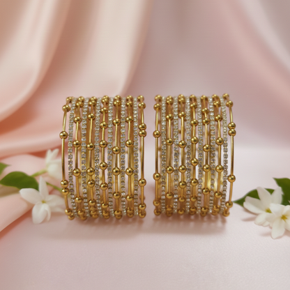 Gold Beaded Zircon Studded Stackable Metal Bangles Set-Pack of 26