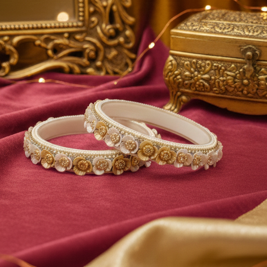 White Floral Glass Kada with Pearl & Stone Work (Set of 2)