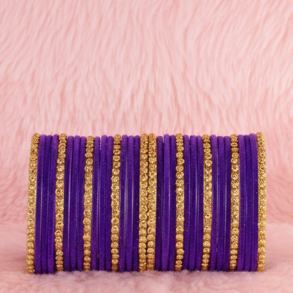 Premium Glass & Golden Beads Velvet Bangles Set – Pack of 34 (Jamuni Color)