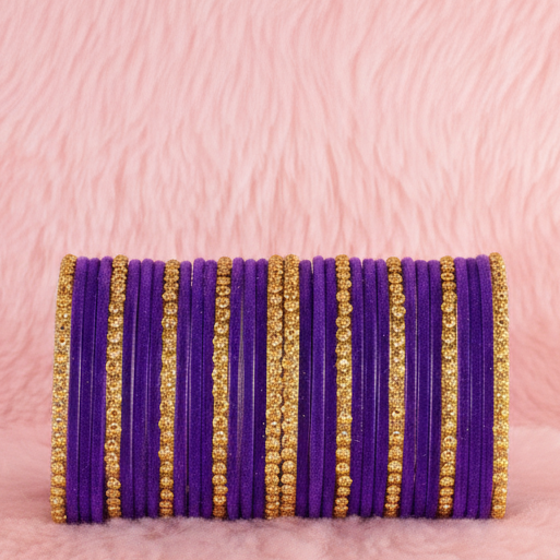 Premium Glass & Golden Beads Velvet Bangles Set – Pack of 34 (Jamuni Color)