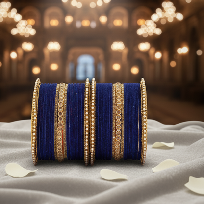 DarkBlue Velvet Bridal Chuda Set – Metal Base with Zircon Diamond-Studded Bangles