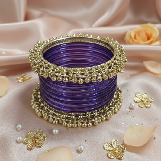 Purple Glass Bangles Set| 8 Glass Bangles + 2 Ghungroo ( One Hand ) -Pack of 10