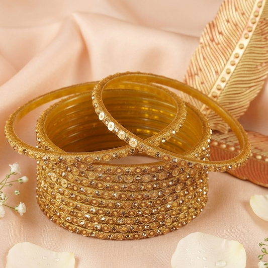Bridal Bling: Golden Glass Bangles with Star Dust Finish, 12 Pcs
