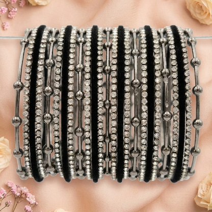 Grey Metal Beaded Bangles Set with Black Velvet & Zircon Stone Pack of 25