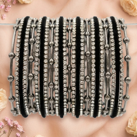 Grey Metal Beaded Bangles Set with Black Velvet & Zircon Stone Pack of 25