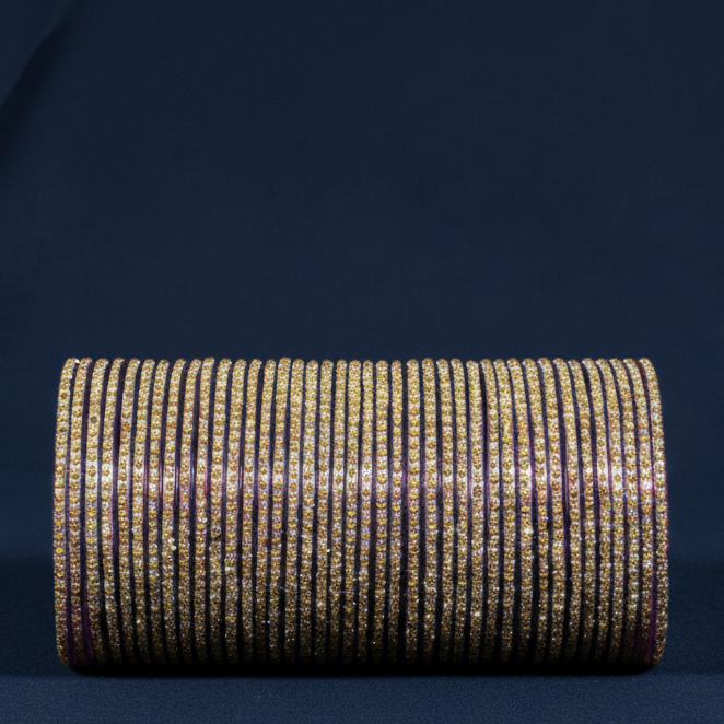 Glass Bangles Set – Pack of 36 | Purple with Polka Dots & Glitter Design