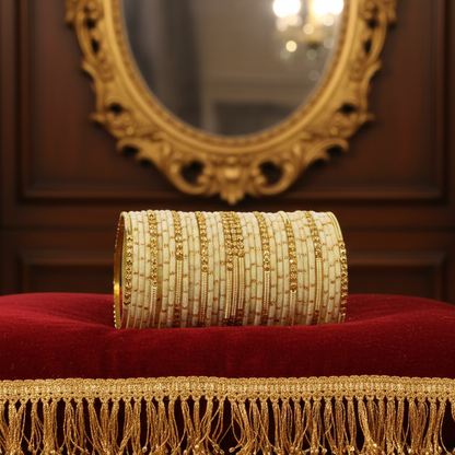 Fancy cream Velvet Glass Bangles with Golden Beads & Polka Dots (Set of 34)