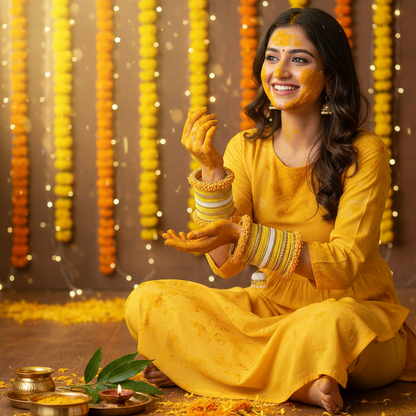 Haldi Special Traditional Velvet Bangles with Pearls & Zircon Stone Latkan | Bridal Chuda Set | Yellow & White-Set of 54