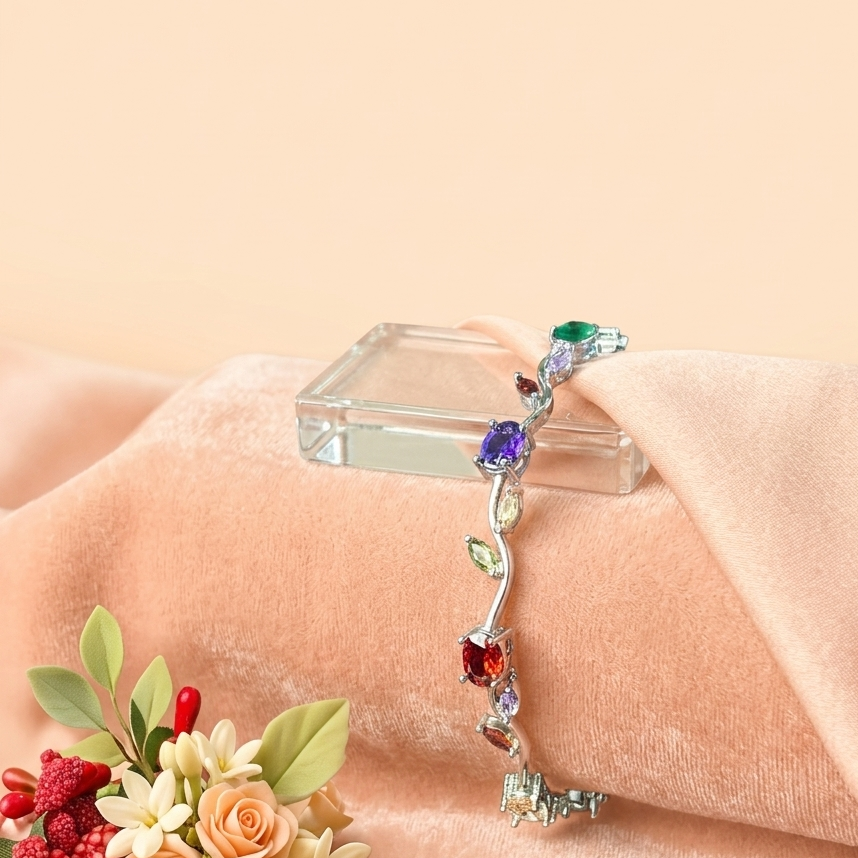 Trendy Tulip Multicolor Crystal Bracelet | Floral Design Silver Plated Bracelet