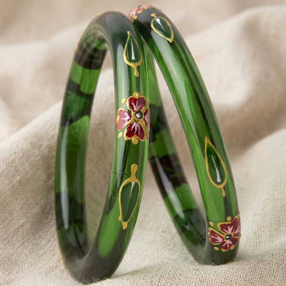 Festive Green Glass Bangles – Green Blossom and Gold Leaf Design-Pack Of 2 Kada
