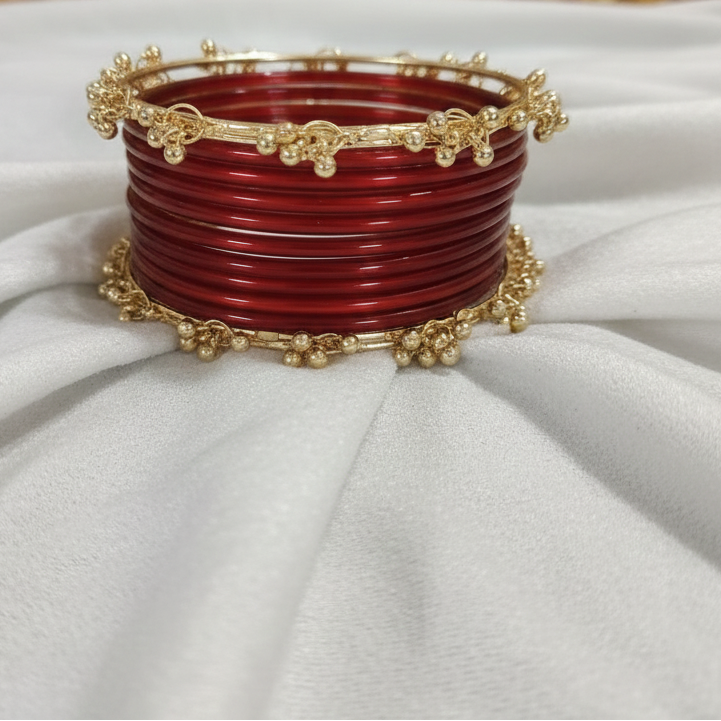 Bridal Red Glass Bangles with 8 Ghungroo Metal Charms – Set of 24