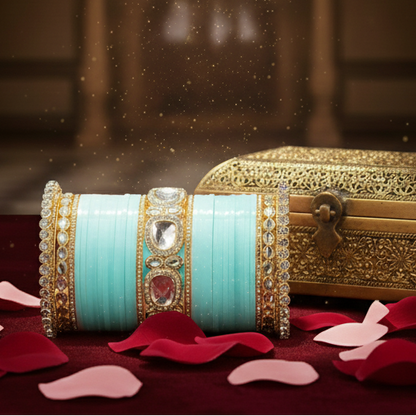 Bridal SkyBlue Metal Gold Chuda Set | Traditional Wedding Bangles for Women | Set of 70