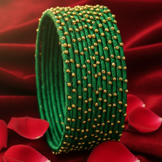 Green Silk Thread Ball Stone Linked Glossy Bangle Set for Women & Girls | Pack of 12