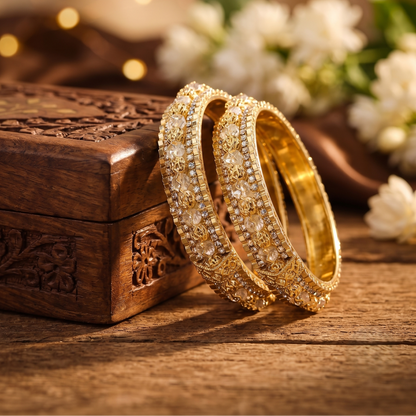 Gold Plated Designer Kada Bangles with Multicolor Stones-Set of 2