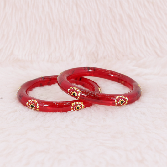Belgium Kada Glass Bangles | Red Color with Floral Design | Traditional Pack of 2