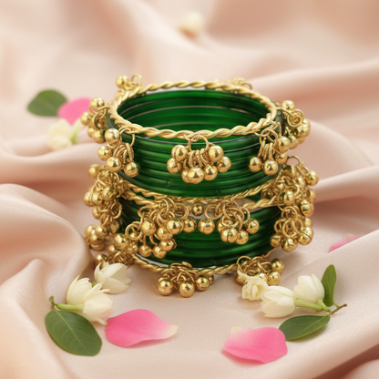 Pack of 16 Green Glass Bangles with Metal Ghungroo – Traditional Bridal