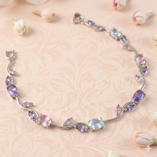 Trendy Tulip Pink & Purple Crystal Bracelet  Floral Design Silver Plated Bracelet