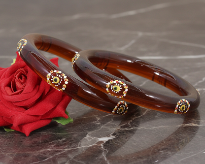 Belgium Kada Glass Bangles | Brown Color with Floral Design | Traditional Stylish Pack of 2