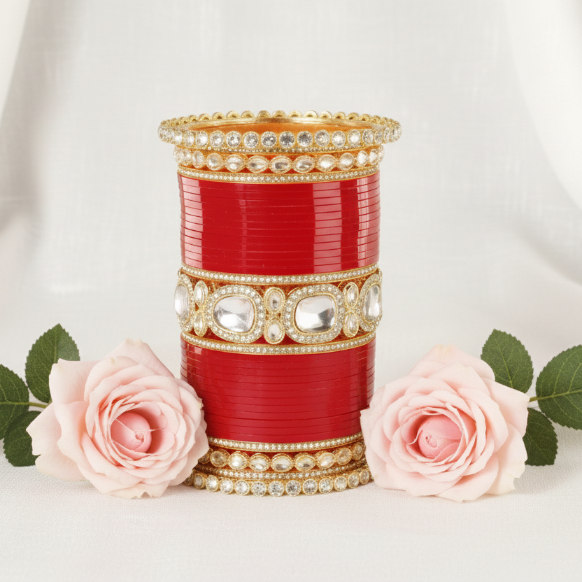 Bridal Red Metal Gold Chuda Set | Traditional Wedding Bangles for Women | Set of 70