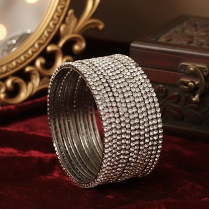 Silver Zircon Studded Glossy Bangle Set for Women & Girls