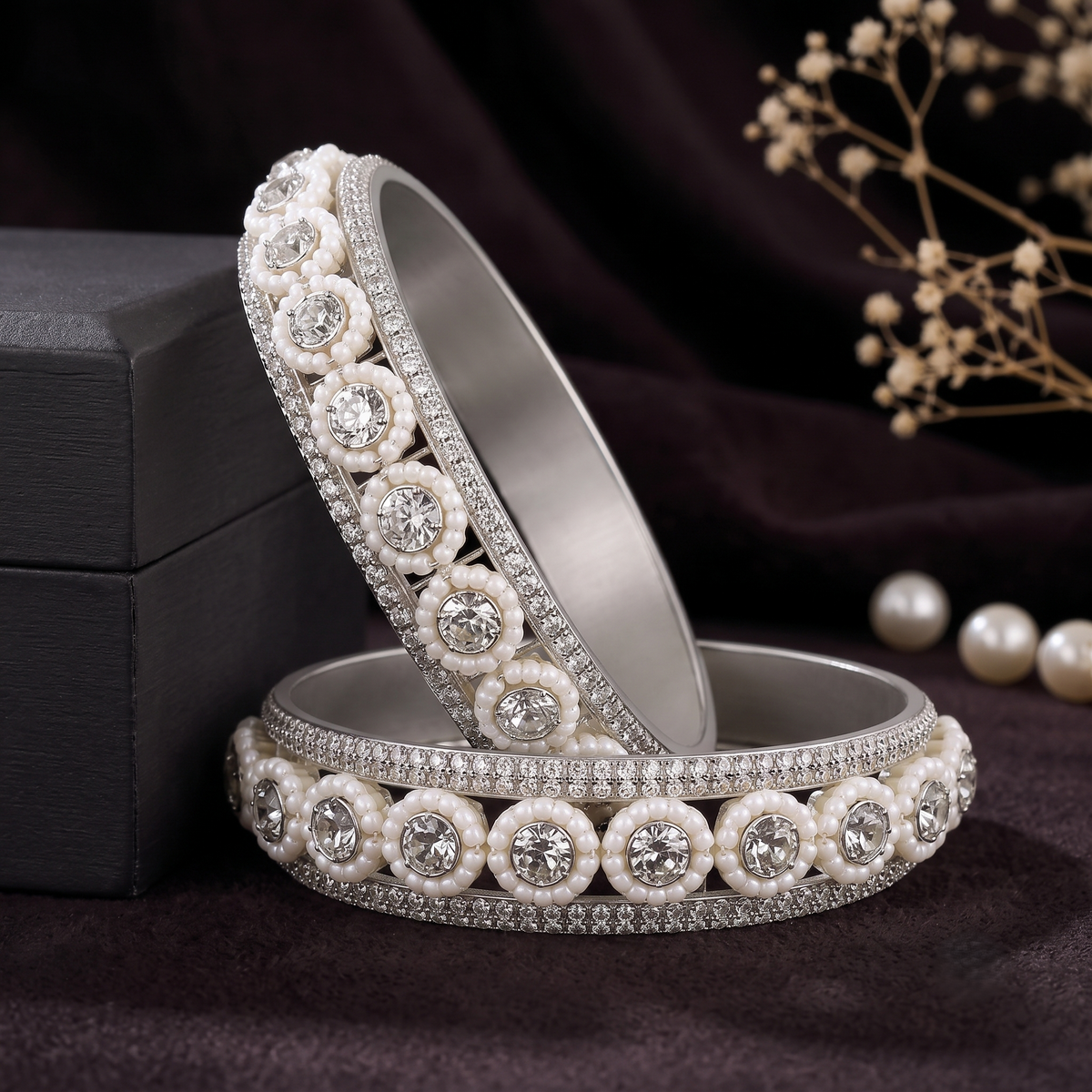 Silver Brilliance: Embellished Bridal Bangles - Set of 2