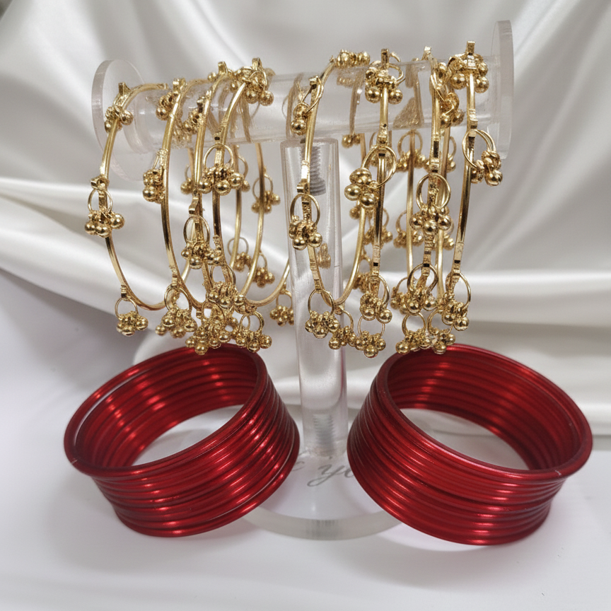 Bridal Red Glass Bangles with 8 Ghungroo Metal Charms – Set of 24