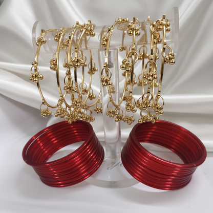 Bridal Red Glass Bangles with 8 Ghungroo Metal Charms – Set of 24