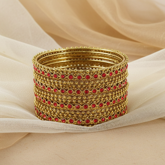 Gold Plated Red Zircon Ball Chain Bangles Set (Pack of 12)