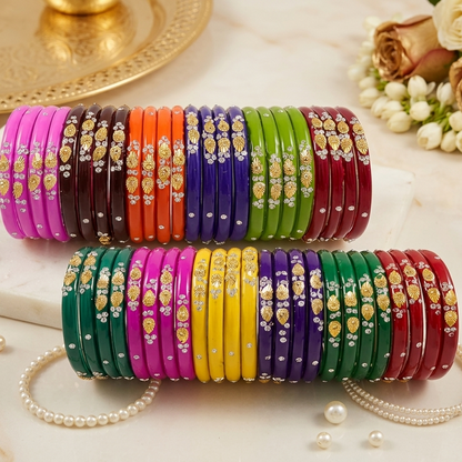Glass Bangles Set – Pack of 48 | 12 Multicolor Designs with Golden & Stone Work